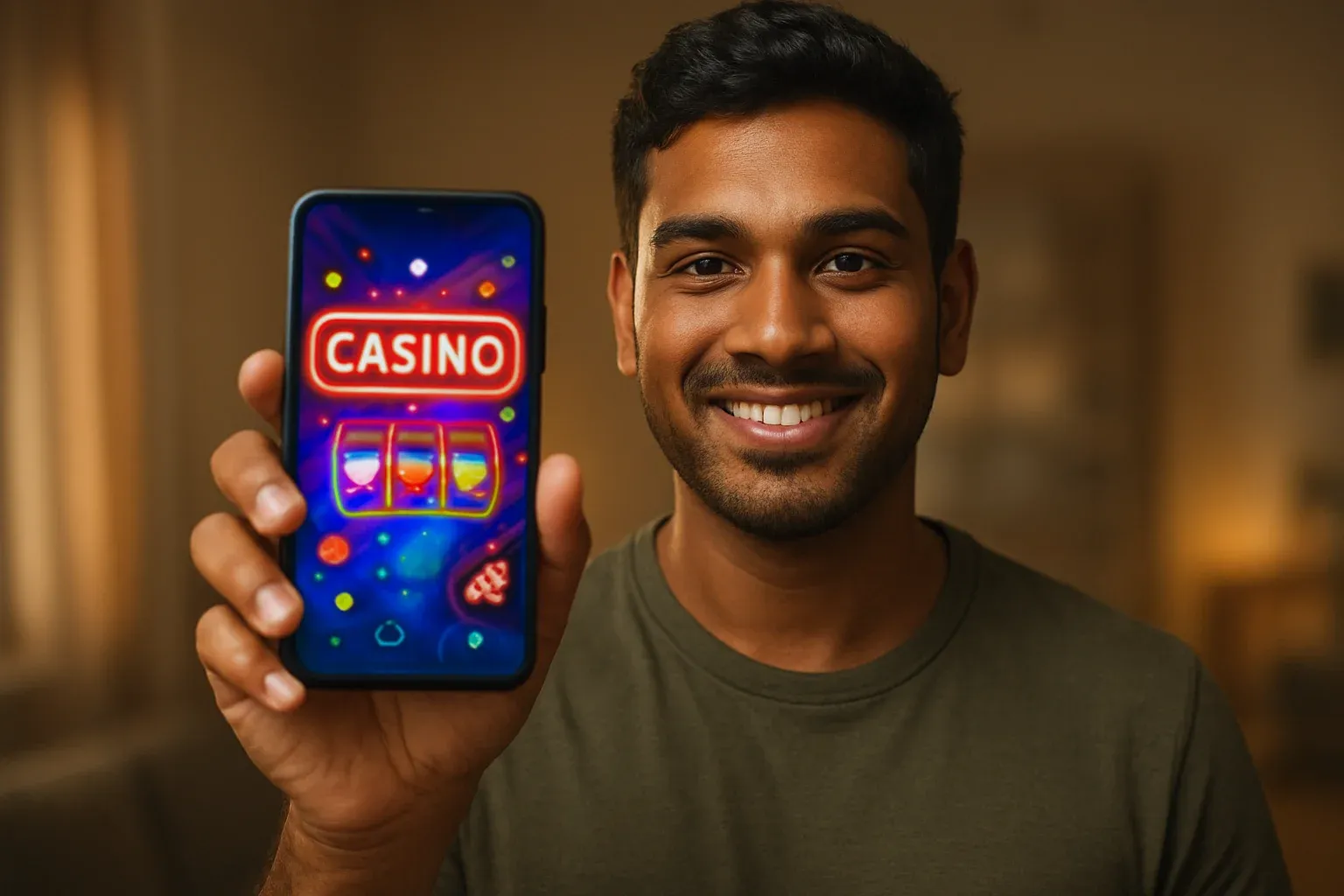 Young Bangladeshi man holding smartphone showing colorful mobile casino app interface