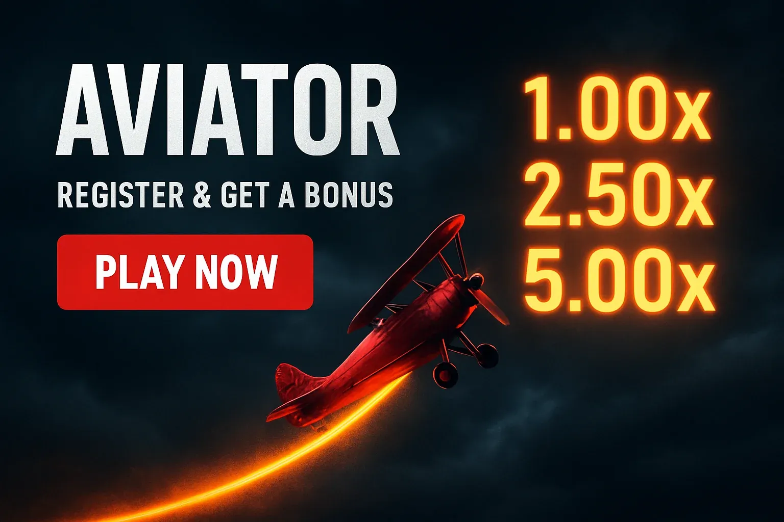 Aviator crash game banner with red plane, multipliers, and play button