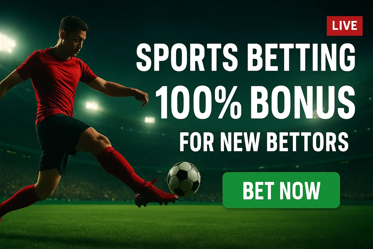 Sports betting banner with footballer, stadium, bonus offer, and Bet Now button