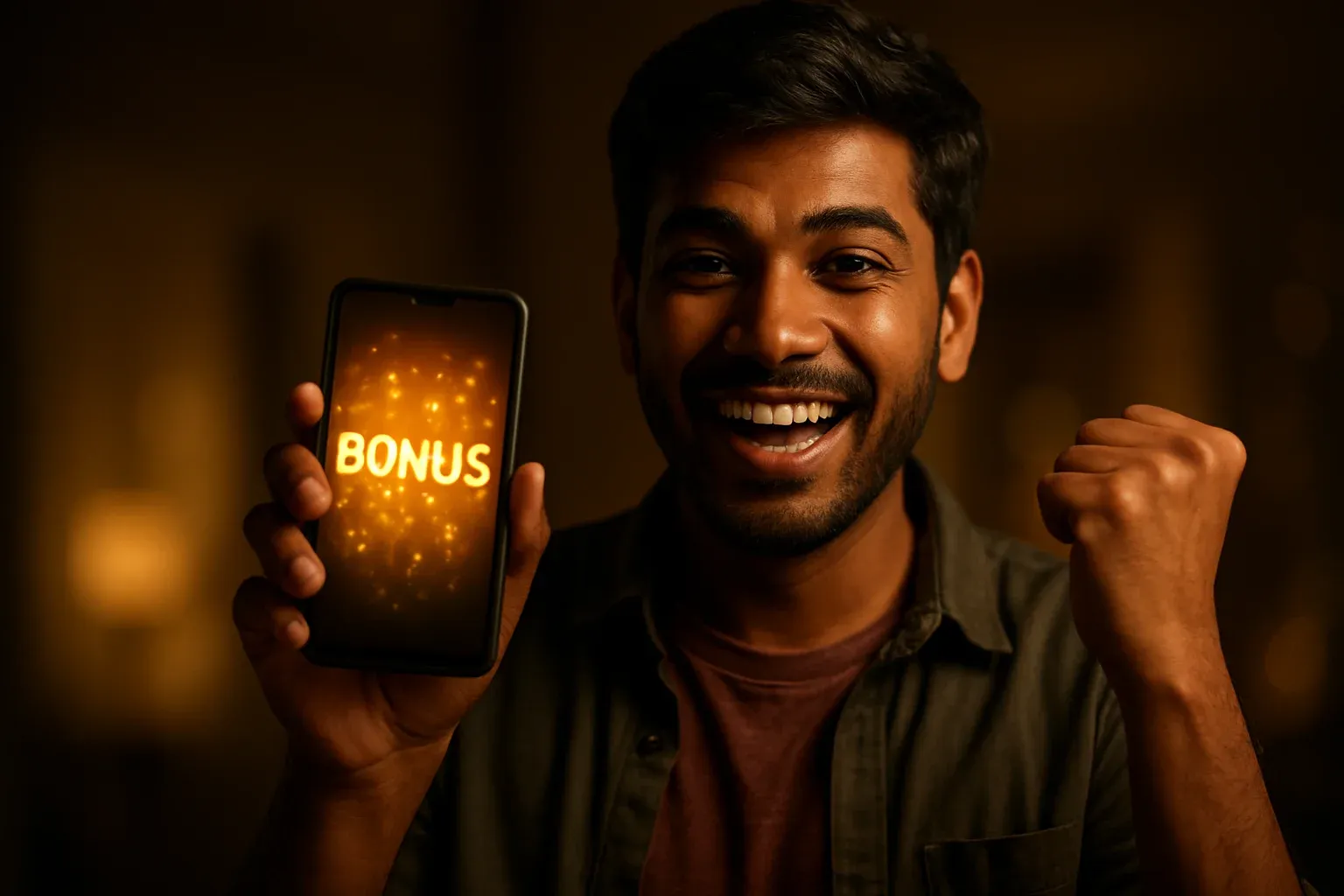Joyful Bangladeshi man holding smartphone with glowing bonus notification