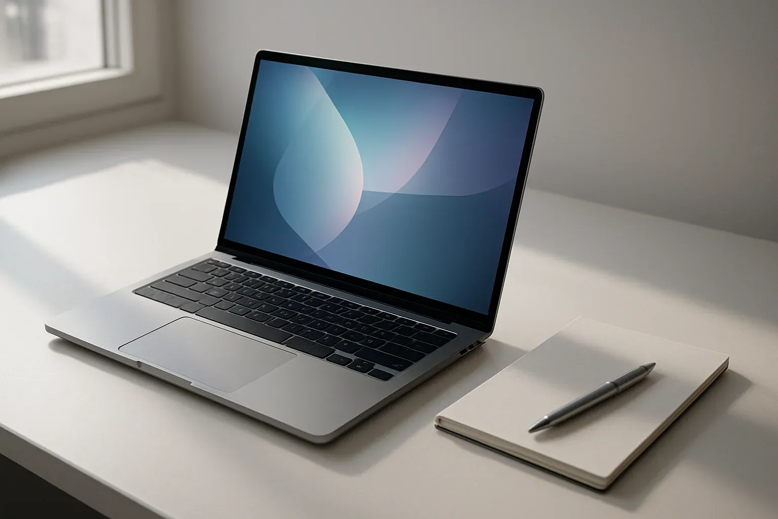 Modern laptop on white desk with abstract glowing screen