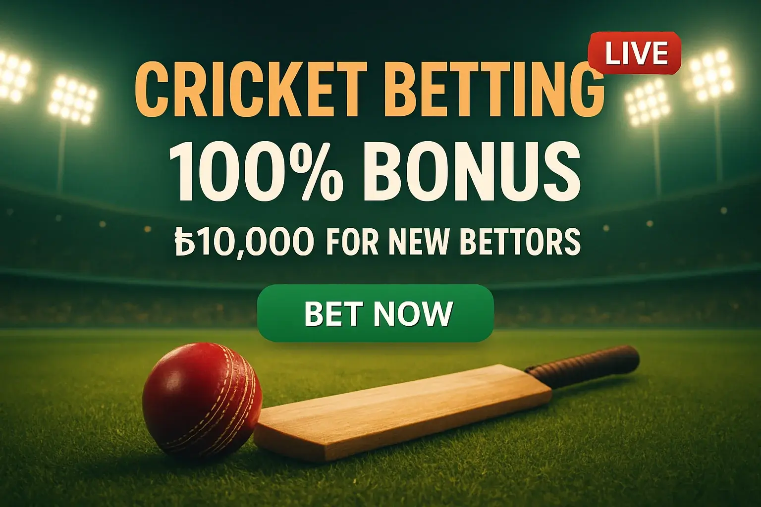 Cricket betting banner with bat, ball, stadium, bonus, and CTA