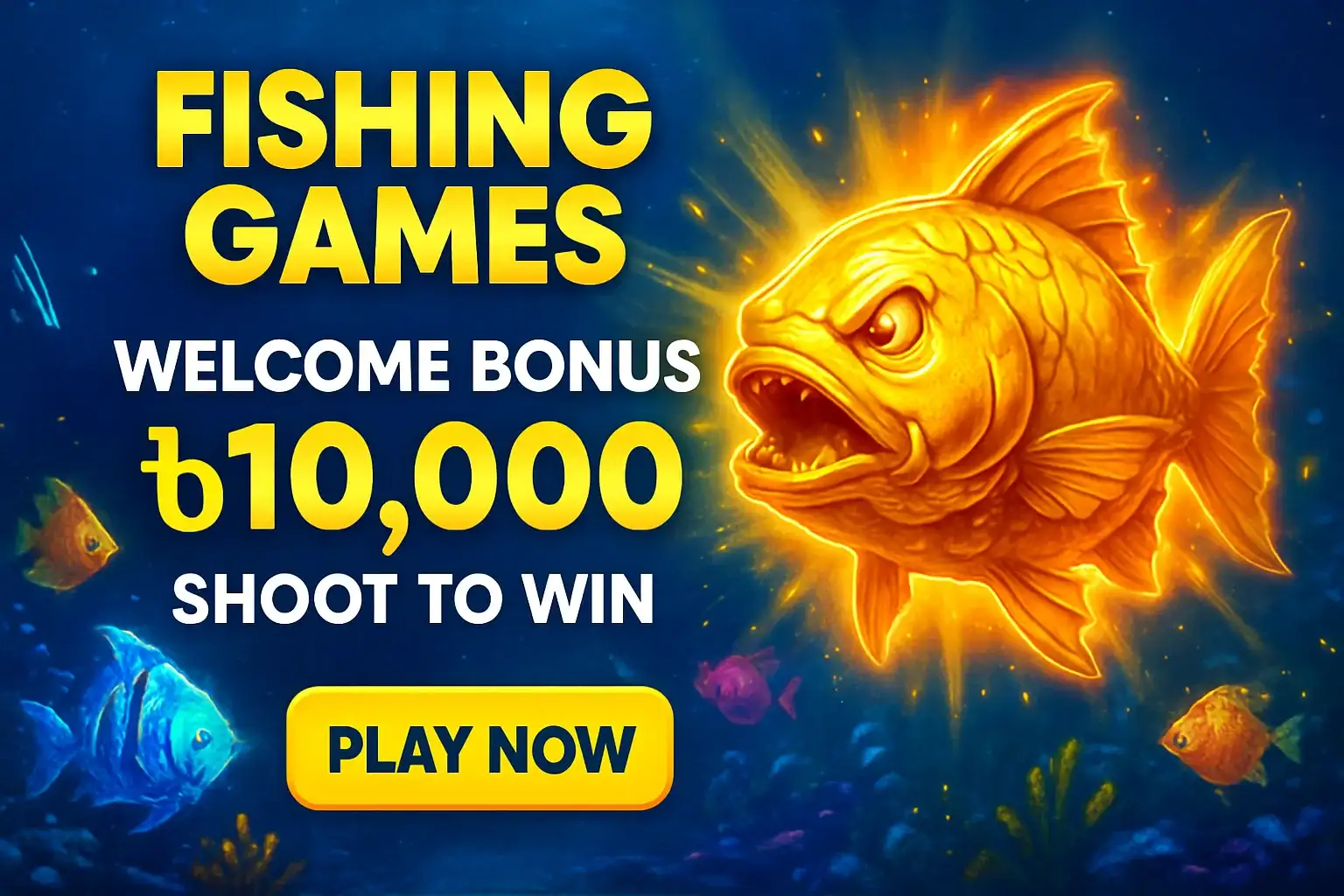 Fishing arcade banner with bonus, tropical fish, boss fish, and CTA