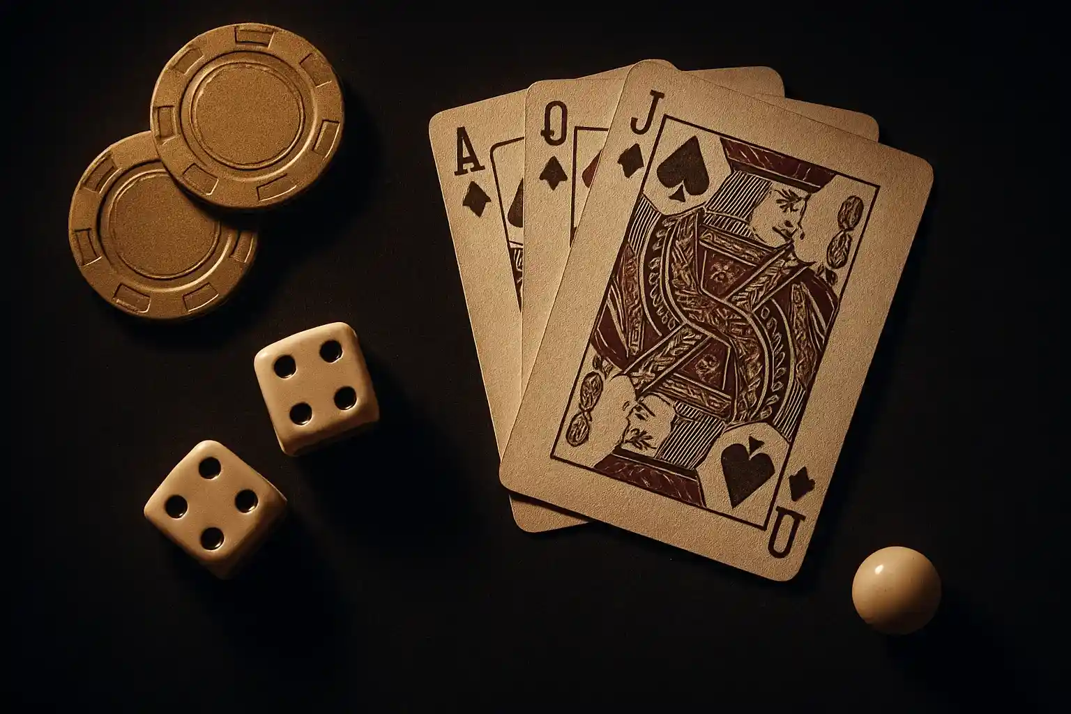 Golden casino chips, cards, dice, and roulette ball on velvet
