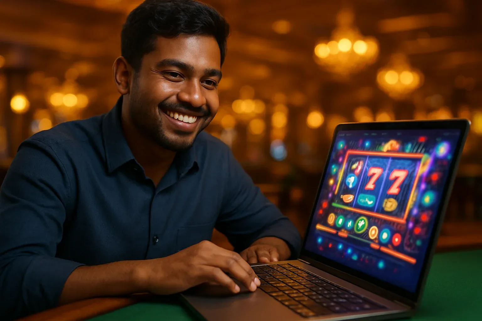 Cheerful Bangladeshi man with open laptop showing colorful casino interface