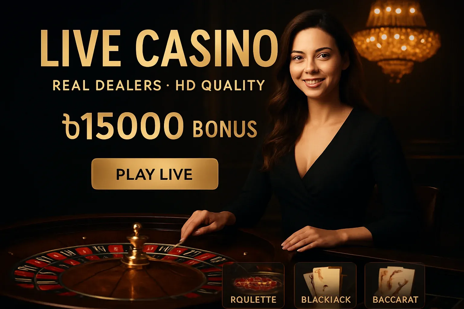 Live casino banner with female dealer, roulette, Bangladesh bonus offer