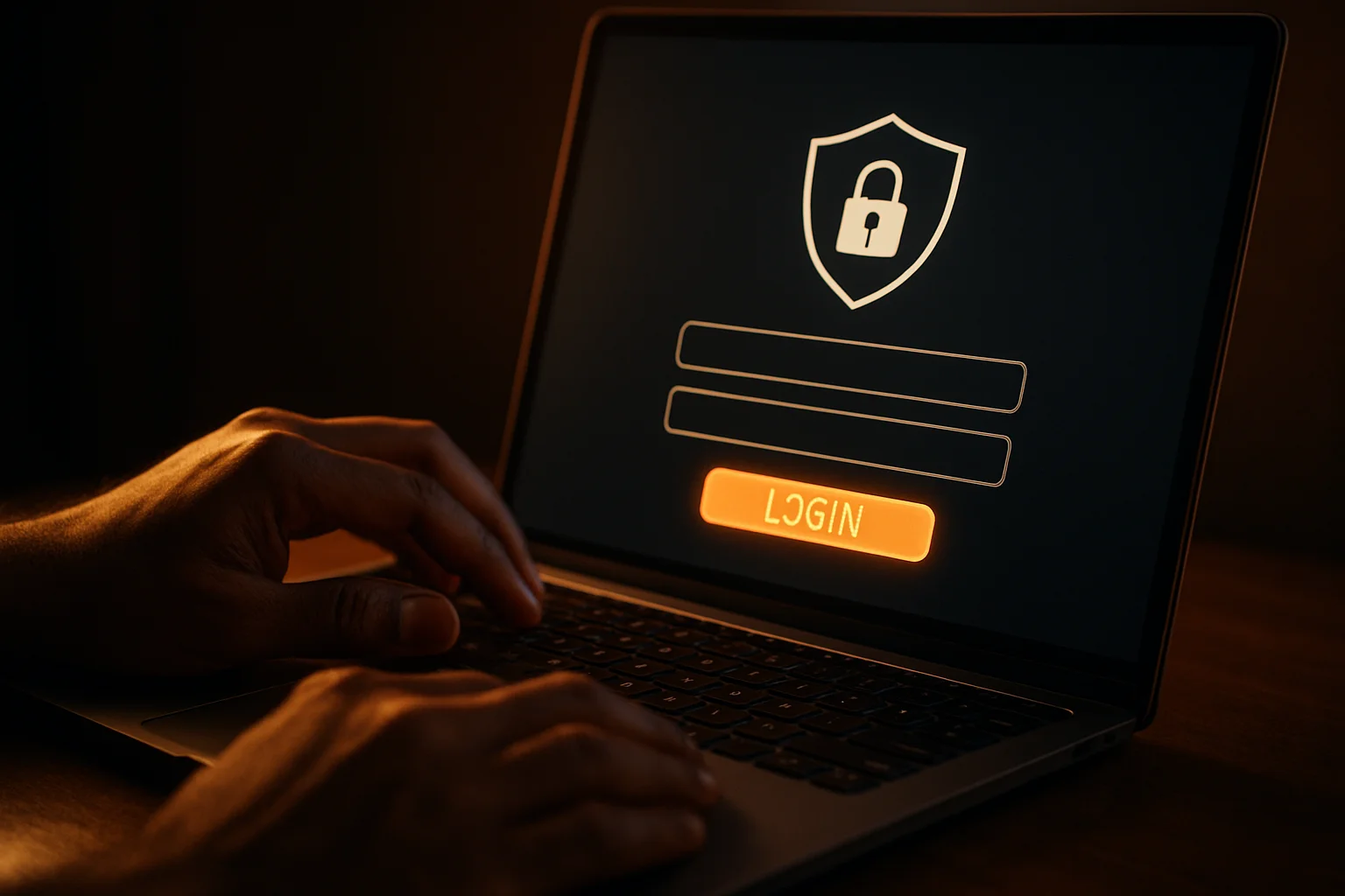 Bangladeshi man's hands on laptop showing stylized login form screen