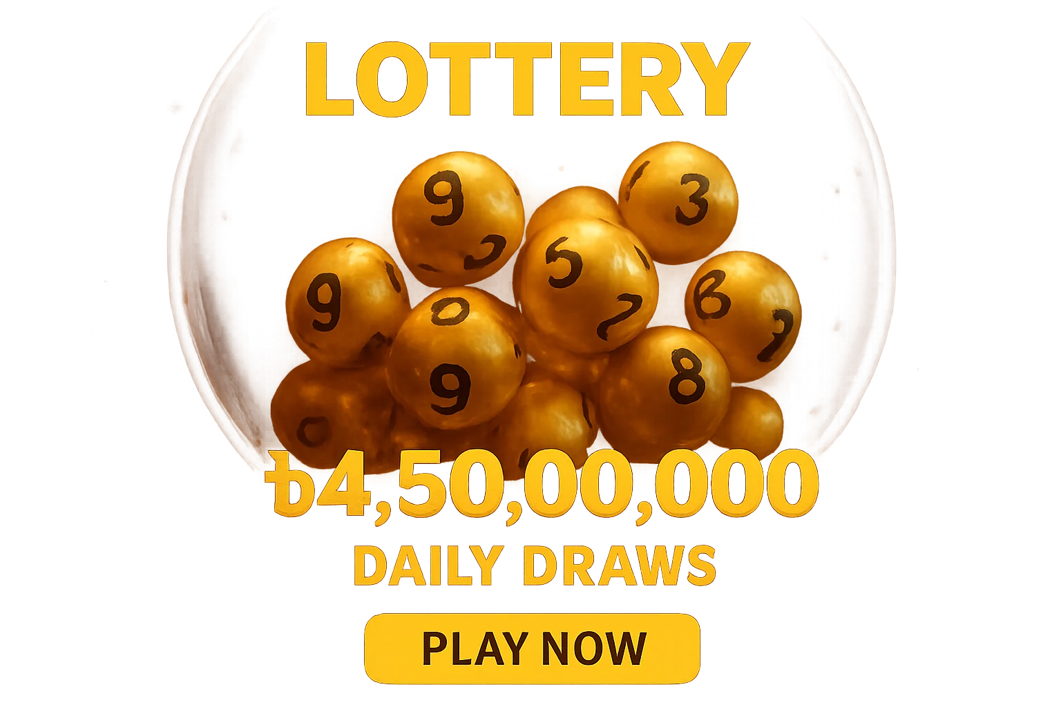 Festive lottery banner with golden balls, draw machine, jackpot, and play button