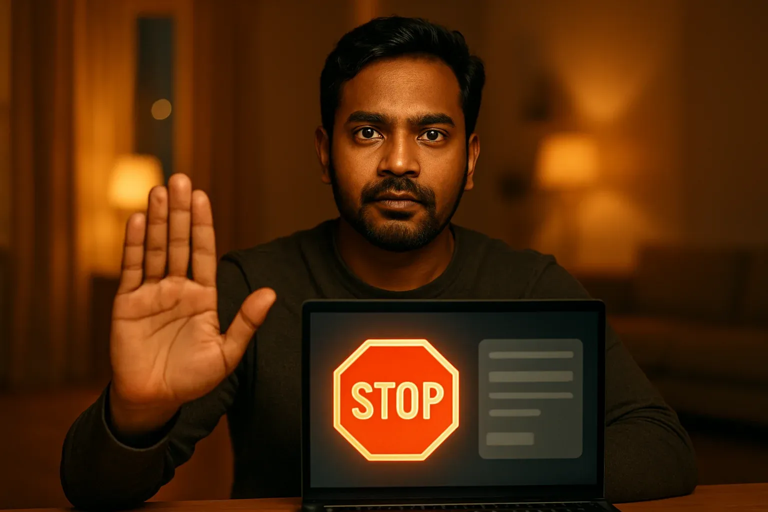 Bangladeshi man showing stop gesture beside laptop with responsible gambling screen