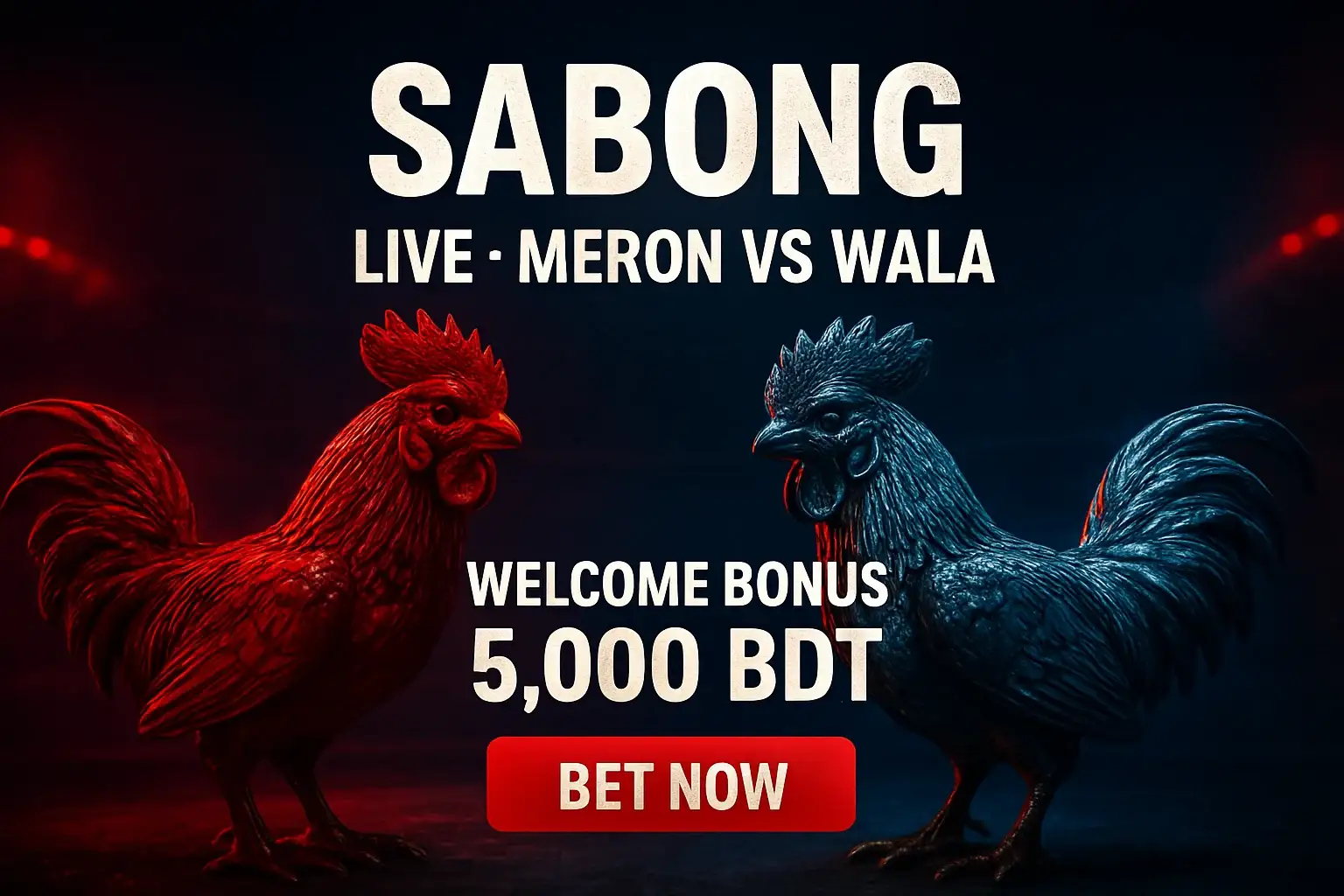 Live sabong banner with decorative rooster figurines and bonus offer