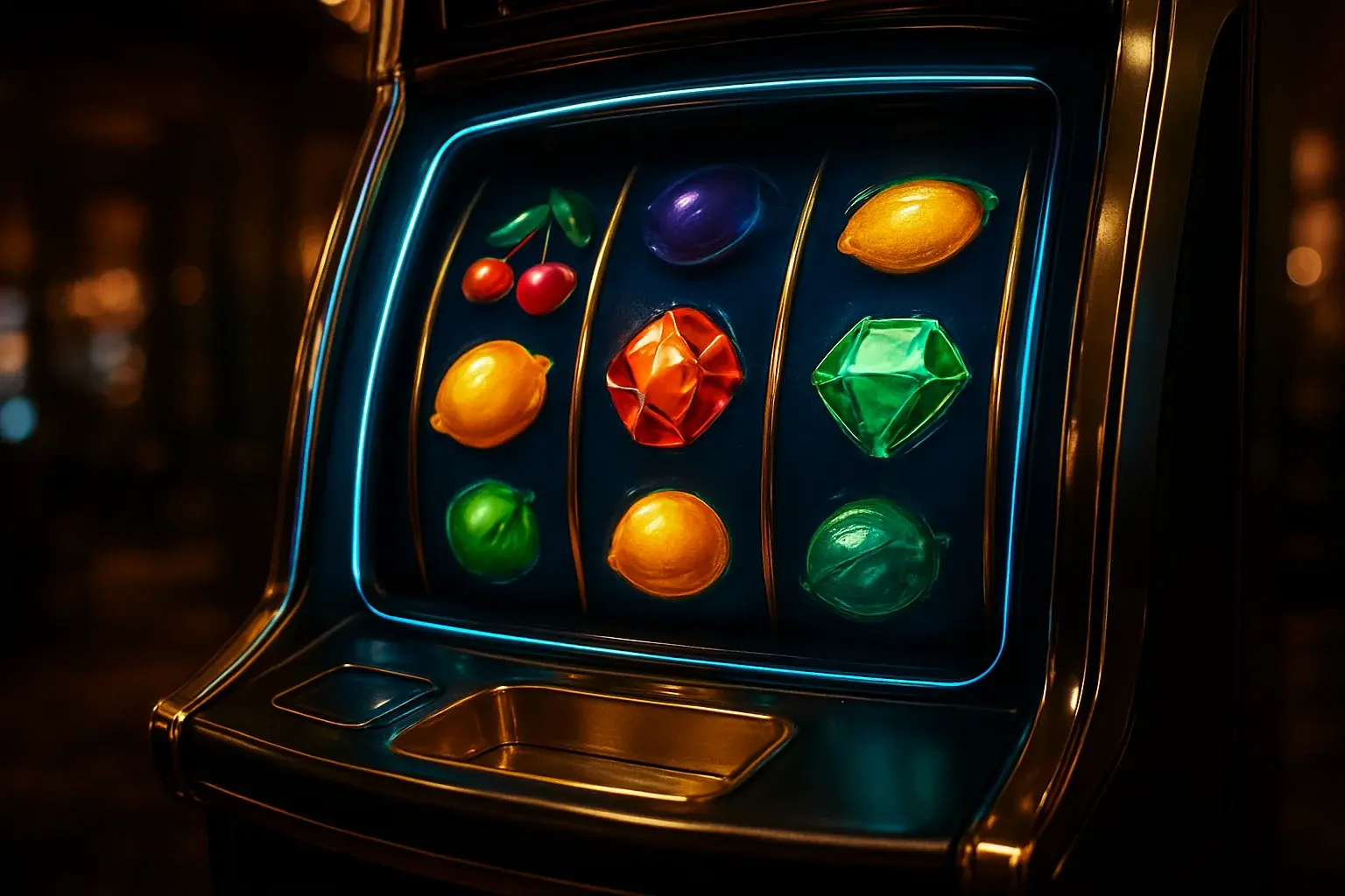 Hyperrealistic premium slot machine with glowing reels in luxury casino